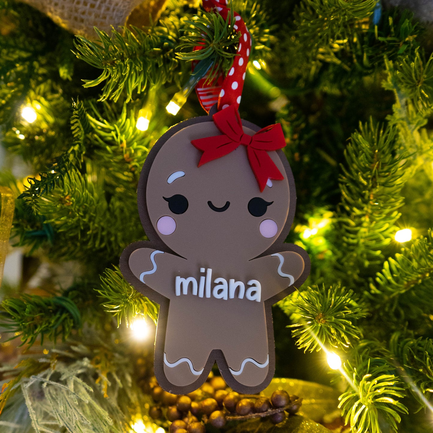Custom Name Gingerbread Ornament Hanging on Christmas Tree