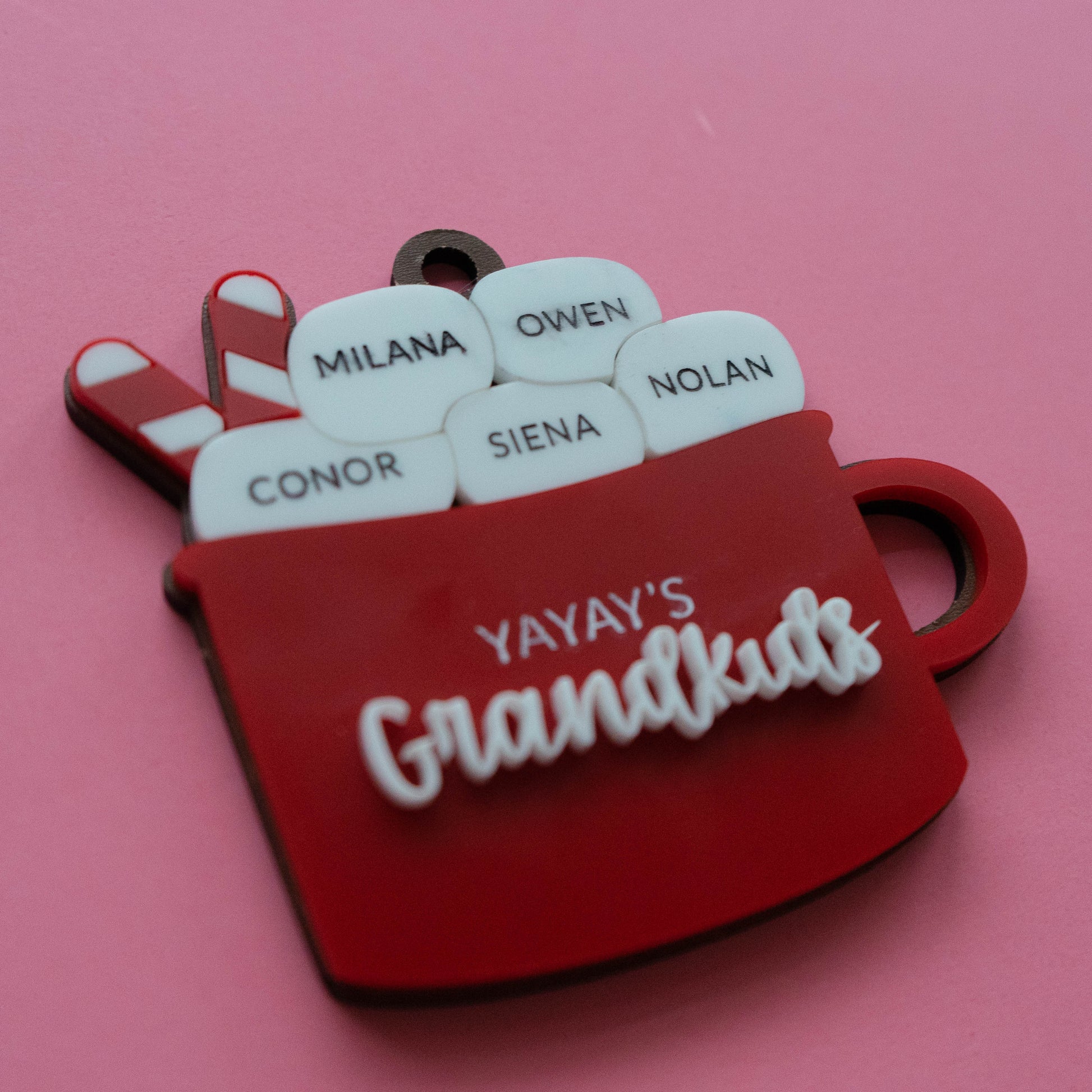 Personalized hot cocoa ornament with grandkids’ names on marshmallows and engraved Bible verse on back, Christian Christmas ornament for grandparents.