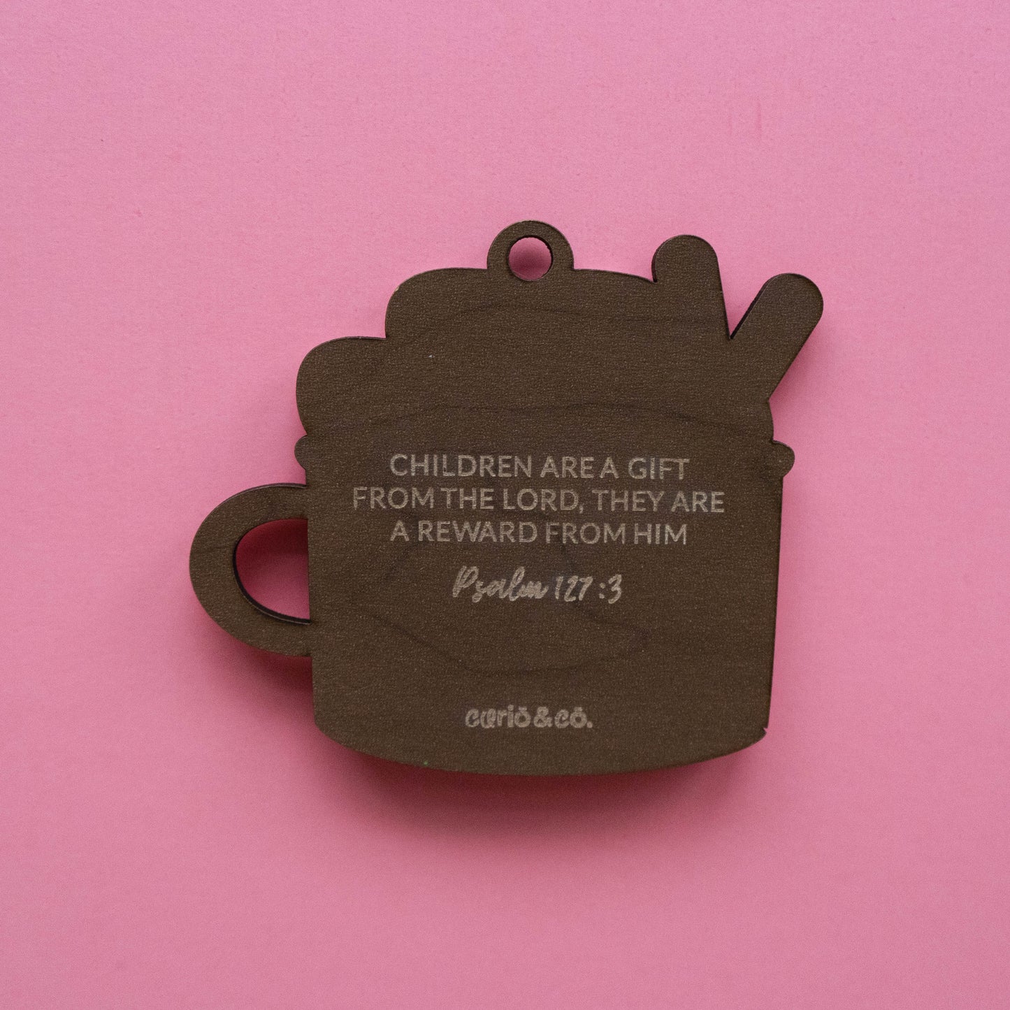 Personalized hot cocoa ornament with grandkids’ names on marshmallows and engraved Bible verse on back, Christian Christmas ornament for grandparents.