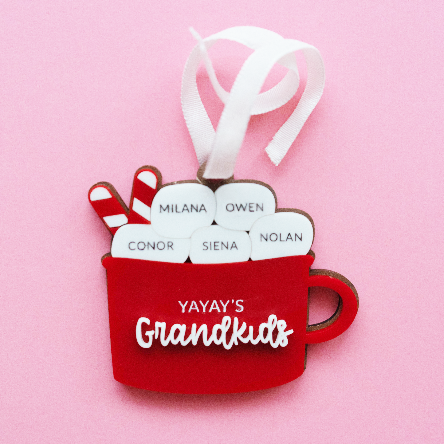 Personalized hot cocoa ornament with grandkids’ names on marshmallows and engraved Bible verse on back, Christian Christmas ornament for grandparents.