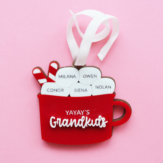 Personalized hot cocoa ornament with grandkids’ names on marshmallows and engraved Bible verse on back, Christian Christmas ornament for grandparents.