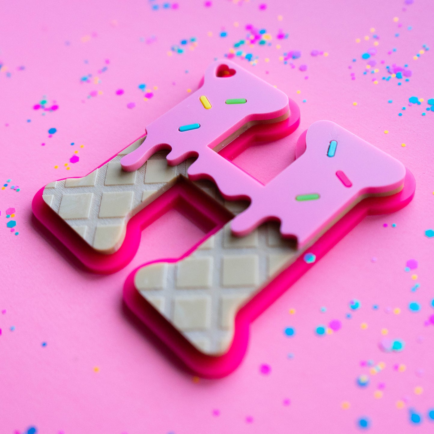 Letter "H" icecream theme  acrylic bag tag  on a pink glitter background